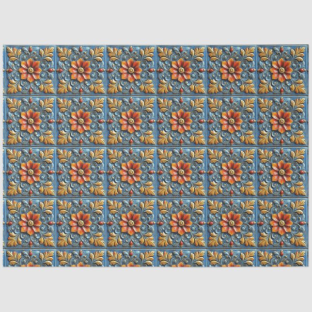 Papier Mousseline Motif mexicain Floral Orange Blue Tile (Recto)