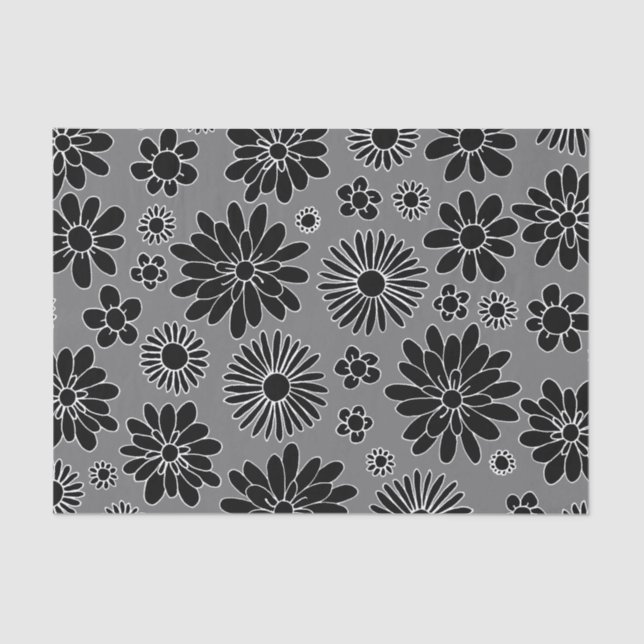 Papier Mousseline Motif noir de marguerite et gris floral (Recto)