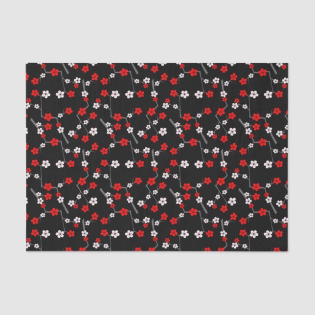 Papier Mousseline Motif noir et rouge de fleurs de cerisier (Recto)