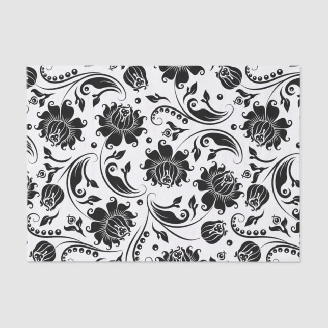 Papier Mousseline Motif noir Floral Damques Arrière - plan blanc (Recto)