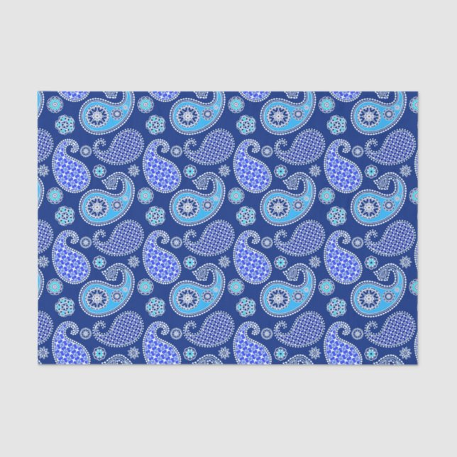 Papier Mousseline Motif Paisley, bleu cobalt et blanc (Recto)