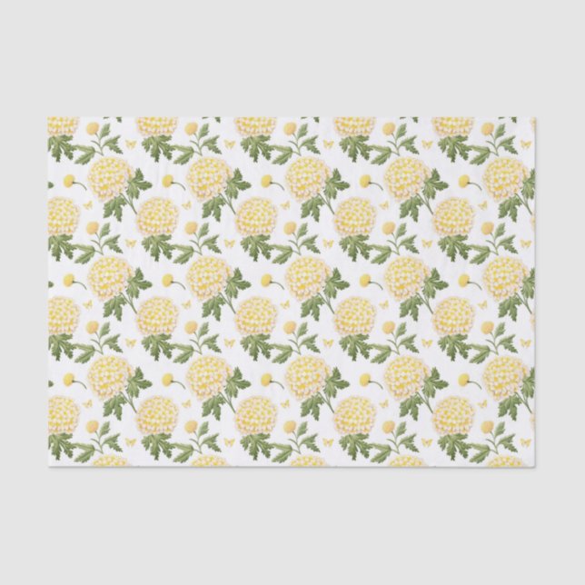 Papier Mousseline Motif Papillons Fleuris Hydrangea Jaune Élégant (Recto)