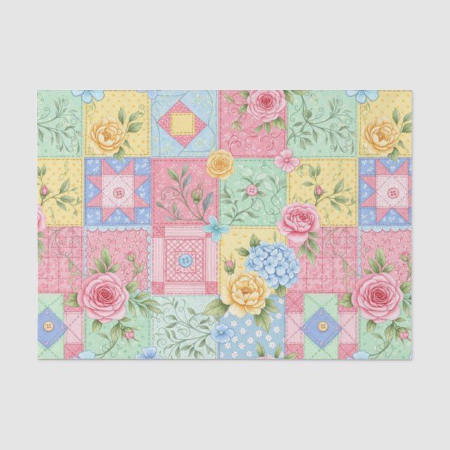 Papier Mousseline Motif Patchwork de Rose Romantique (Recto)