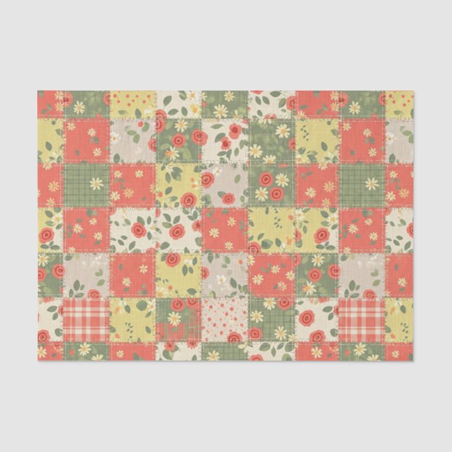 Papier Mousseline Motif Patchwork Floral de Ferme (Recto)