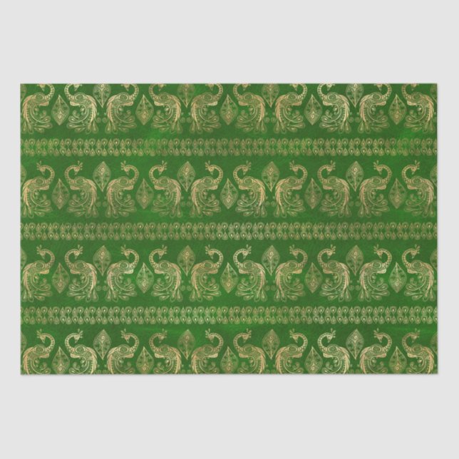 Papier Mousseline Motif Peacok Bohemian Green et Gold Foil  (Recto)