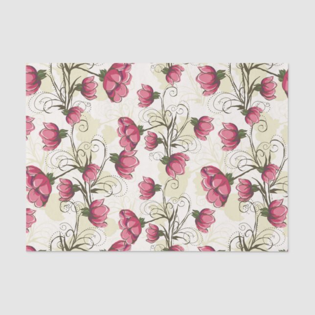 Papier Mousseline Motif Peonies rose et verte (Recto)