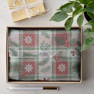 Papier Mousseline Motif plaid vintage Noël avec feuilles de houx et