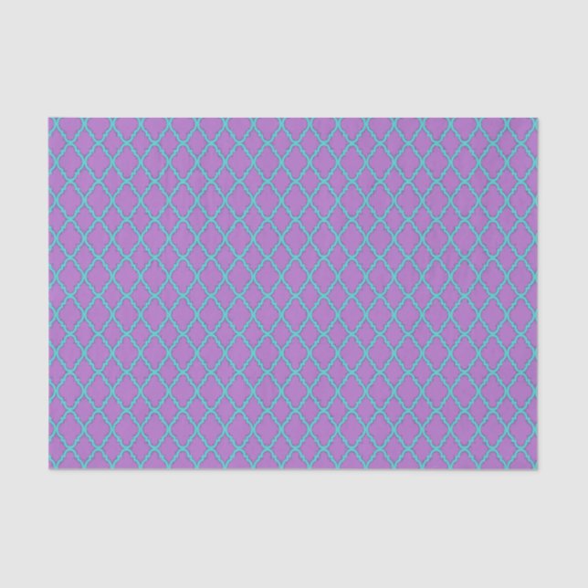 Papier Mousseline Motif Quatrefoil Turquoise et violet marocain (Recto)