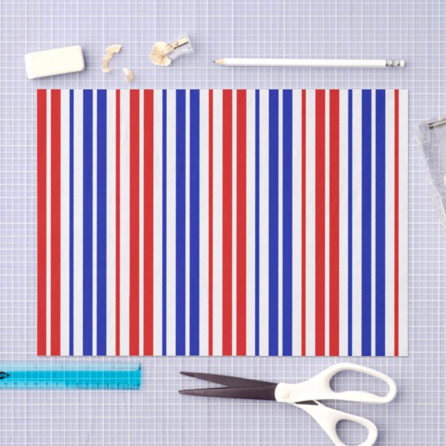 Papier Mousseline Motif rayures blanches rouges bleues   (Artisanat)