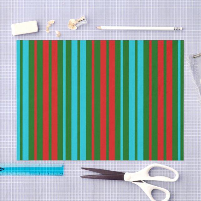 Papier Mousseline Motif rayures vert rouge bleu   (Artisanat)