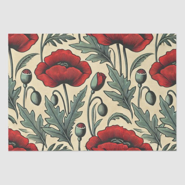 Papier Mousseline Motif Red Poppies d'inspiration vintage (Recto)
