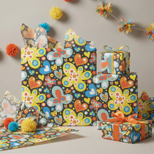 Papier Mousseline Motif Rétro Coloré Papillon Cœur Groovy
