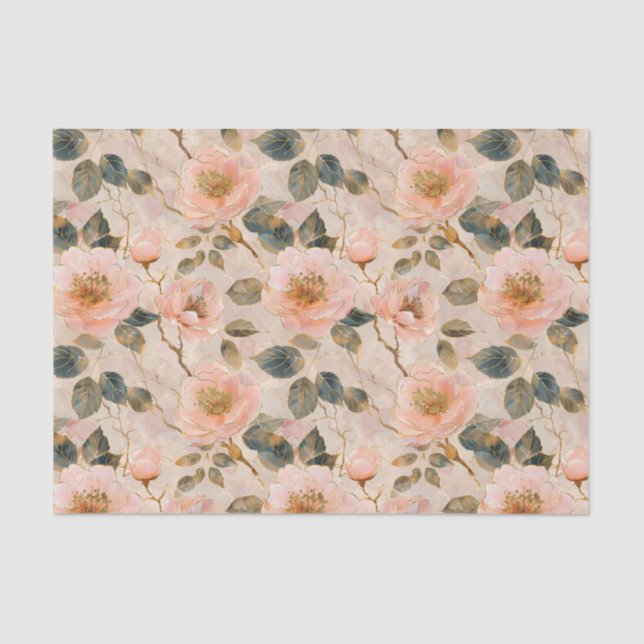 Papier Mousseline Motif rose et Feuille en or (Recto)