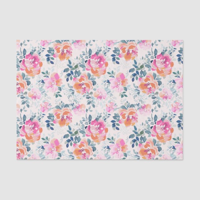 Papier Mousseline Motif rose et Turquoise (Recto)