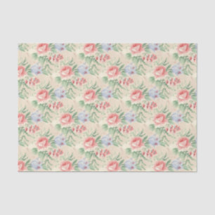 Papier Mousseline Motif rose vintage et fleurs bleues