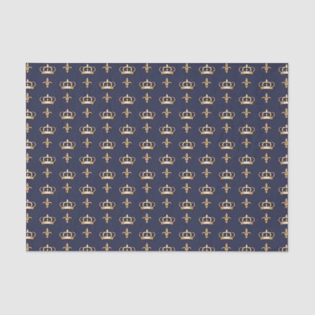 Papier Mousseline Motif Royal Crown et Fleur de Lis sur Blue (Recto)