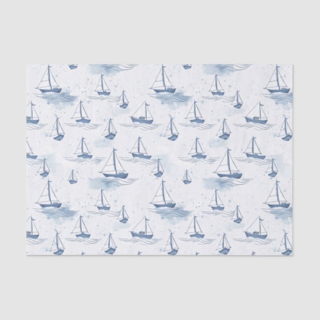 Papier Mousseline Motif Serene Blue White Voiliers sur mer (Recto)