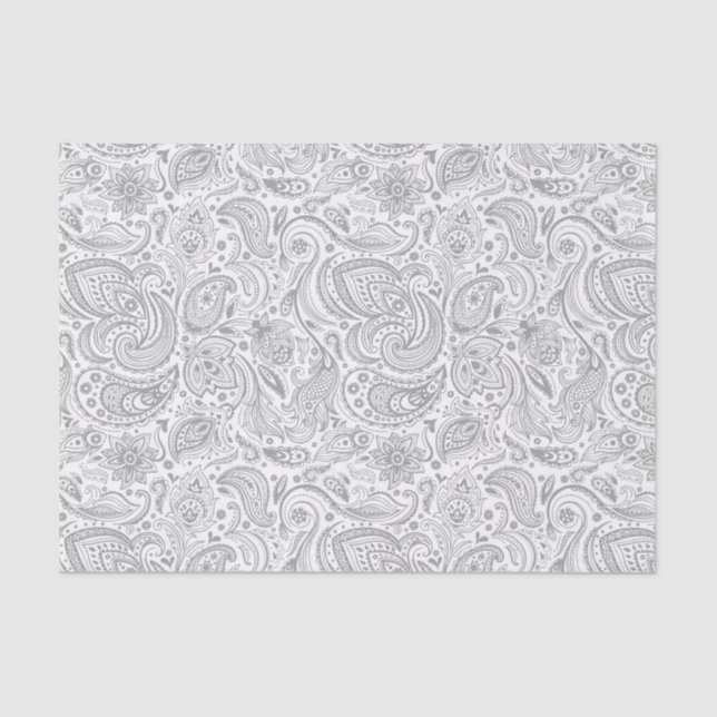 Papier Mousseline Motif Silver Grey Et Blanc Floral Paisley (Recto)