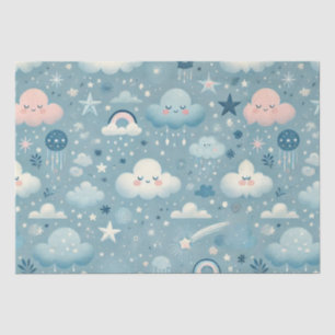 Papier Mousseline Motif Sky Whimsical avec nuages, étoiles - Bleu