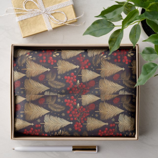 Papier Mousseline Motif Tartan de Noël Rouge Or #31 ID1009 (Cadeau)