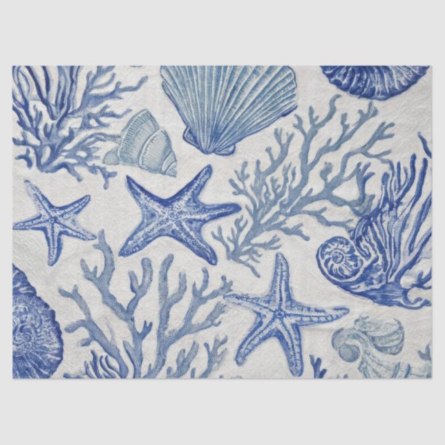 Papier Mousseline Motif Toile Côtière Bleue Coquillage Corail (Recto)