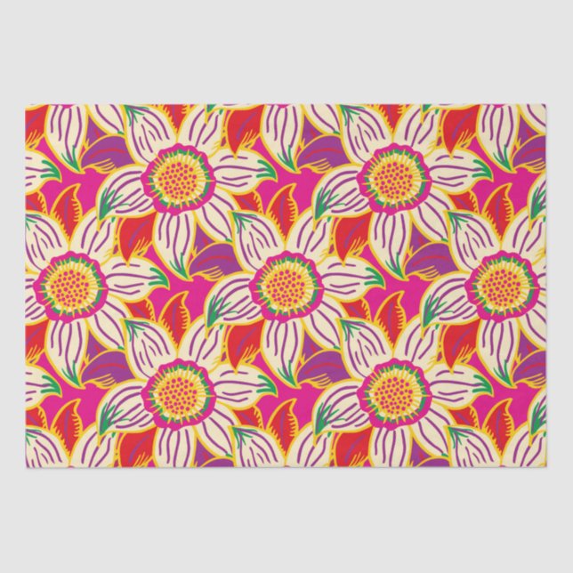 Papier Mousseline Motif Tropical Flower Rose Orange Main Tirée (Recto)