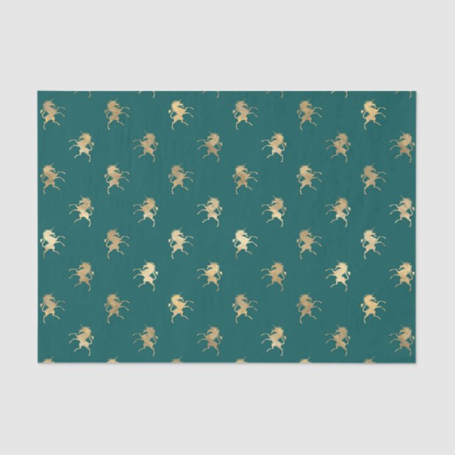 Papier Mousseline Motif Unicorne turquoise et Gold Foil (Recto)