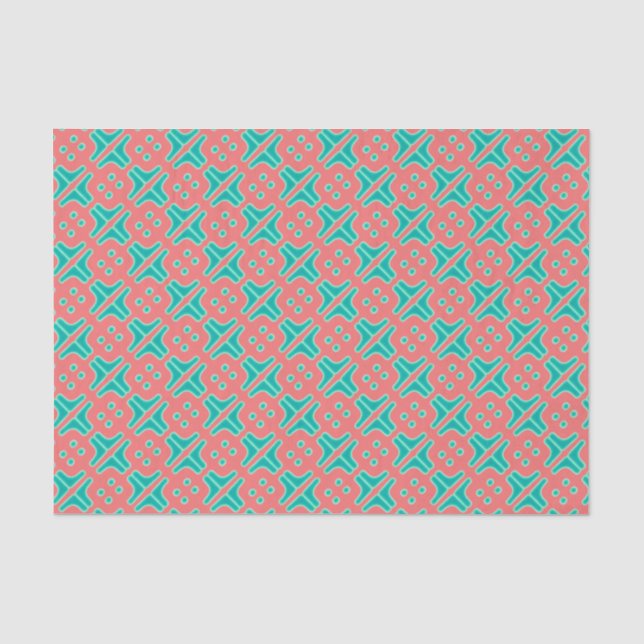 Papier Mousseline Motif unique turquoise et corail  (Recto)