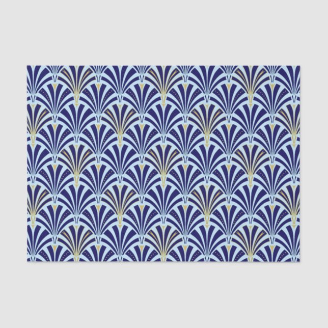 Papier Mousseline motif ventilateur Art déco - cobalt et bleu ciel (Recto)