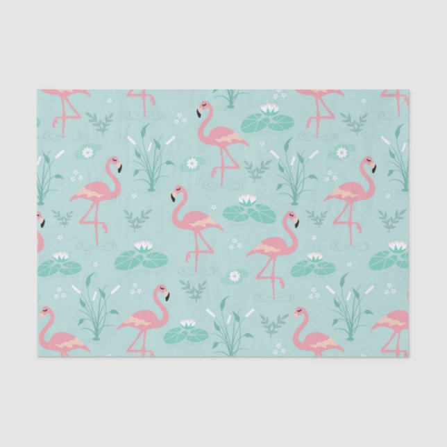 Papier Mousseline Motif vert Flamants roses rose Pastel (Recto)