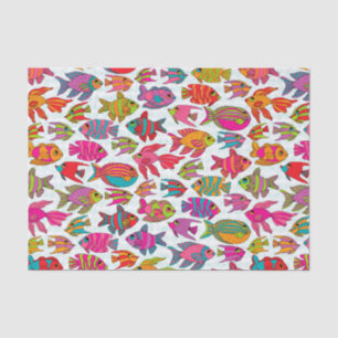 Papier Mousseline Motif vert turquoise rose poisson tropical