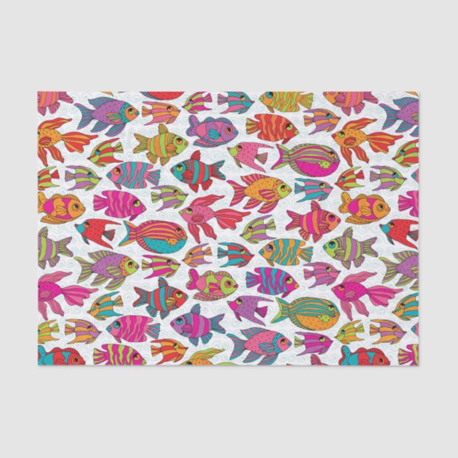 Papier Mousseline Motif vert turquoise rose poisson tropical (Recto)
