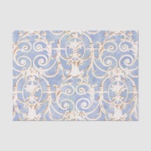 Papier Mousseline Motif vintage bleu gris et beige damassé