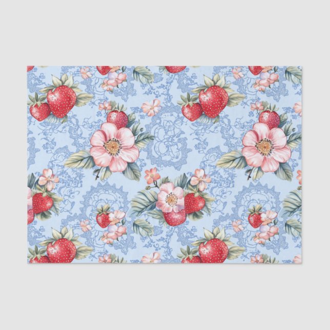 Papier Mousseline Motif vintage de fraises et fleurs (Recto)