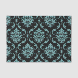 Papier Mousseline Motif vintage turquoise et noir de damassé
