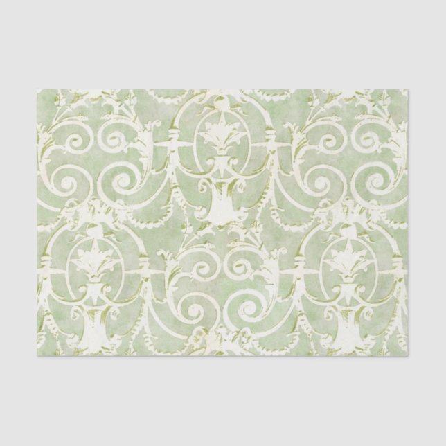 Papier Mousseline Motif vintage vert et beige damassé (Recto)