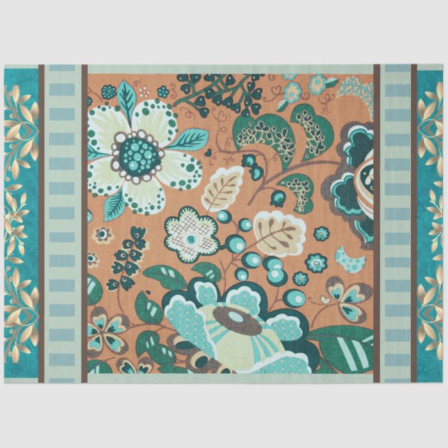 Papier Mousseline Multiples Motifs, Turquoise, Vert, Rouille, Or, Fl (Recto)