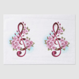 Papier Mousseline Musical treble clef notes with sakura flowers