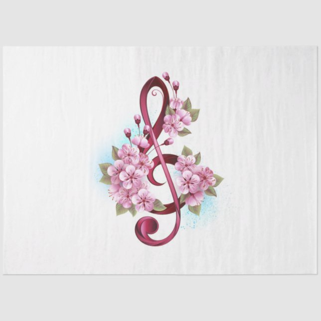 Papier Mousseline Musical treble clef notes with sakura flowers (Recto)