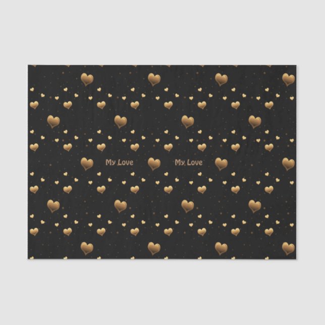 Papier Mousseline My Love Elegant Gold Hearts on Black (Recto)