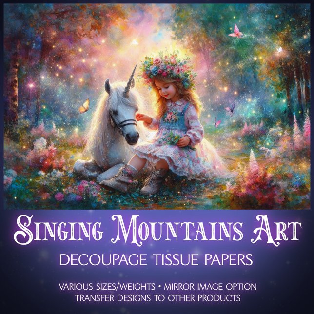 Papier Mousseline Mystical Unicorn and Girl In Forest Decoupage  (Créateur téléchargé)