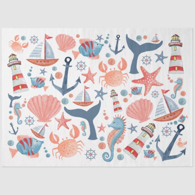 Papier Mousseline Nautical Beach Ancre Sea Shells Voilier (Recto)