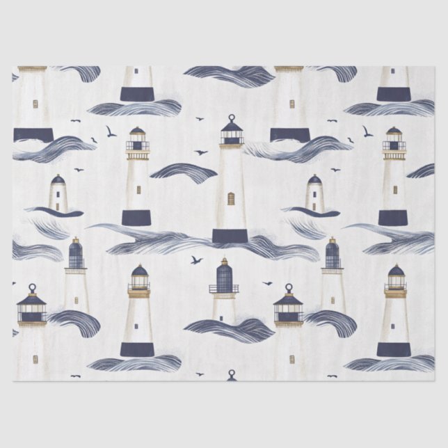 Papier Mousseline Nautical Lighthouse Coastal Blue Pattern (1) (Recto)
