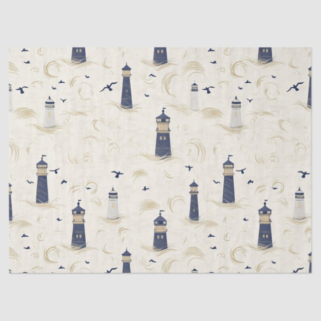 Papier Mousseline Nautical Lighthouse Coastal Blue Pattern (2) (Recto)