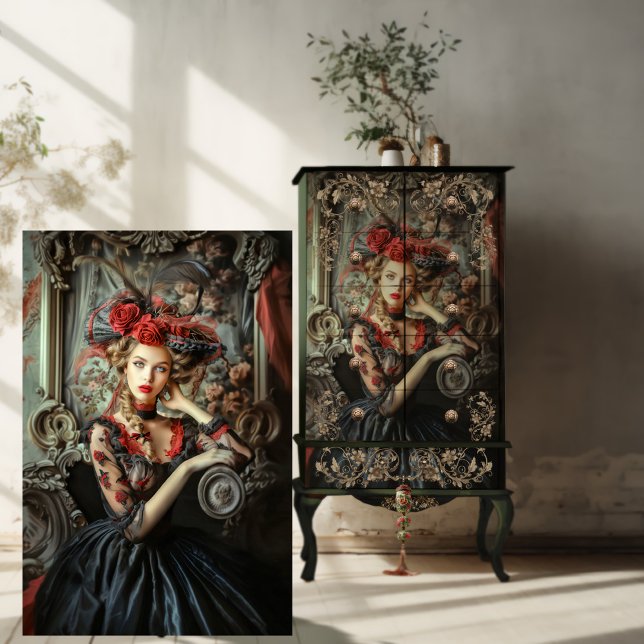 Papier Mousseline Neo victorien gothique foncé élégance Portrait Art (Neo Victorian Gothic Beauty, Historical Costumed Woman, Dark Elegance, Red Highlights, Decoupage.)