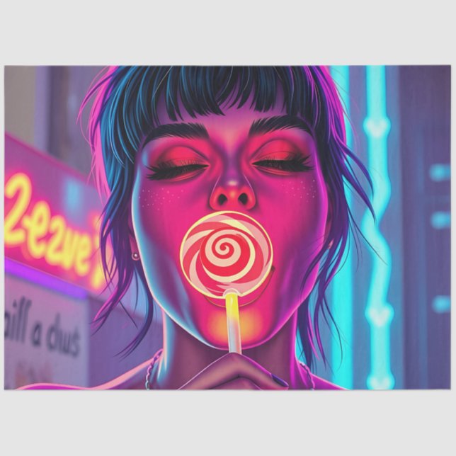 Papier Mousseline Neon Lollipop Pop Art – Cyberpunk Candy Girl  (Recto)