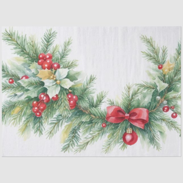 Papier Mousseline Noël À feuillage persistant Garland Bows Red Berri (Recto)