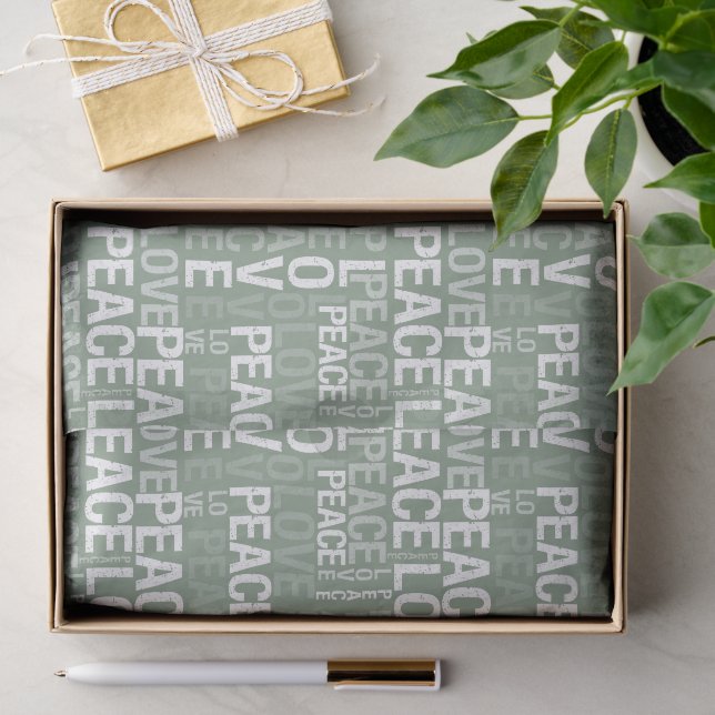 Papier Mousseline Noël Amour Paix Vert Olive Blanc (Cadeau)