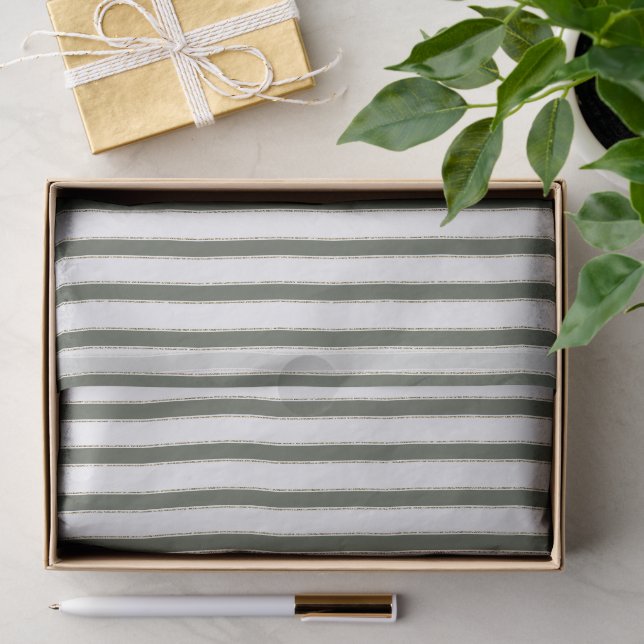 Papier Mousseline Noël bandes blanches vert olive (Cadeau)