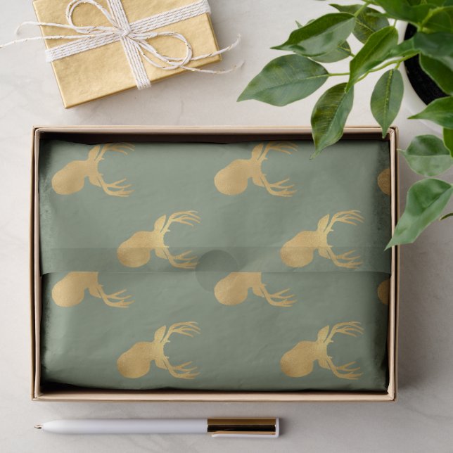Papier Mousseline Noël Cerf Or Olive Vert Rustique (Cadeau)